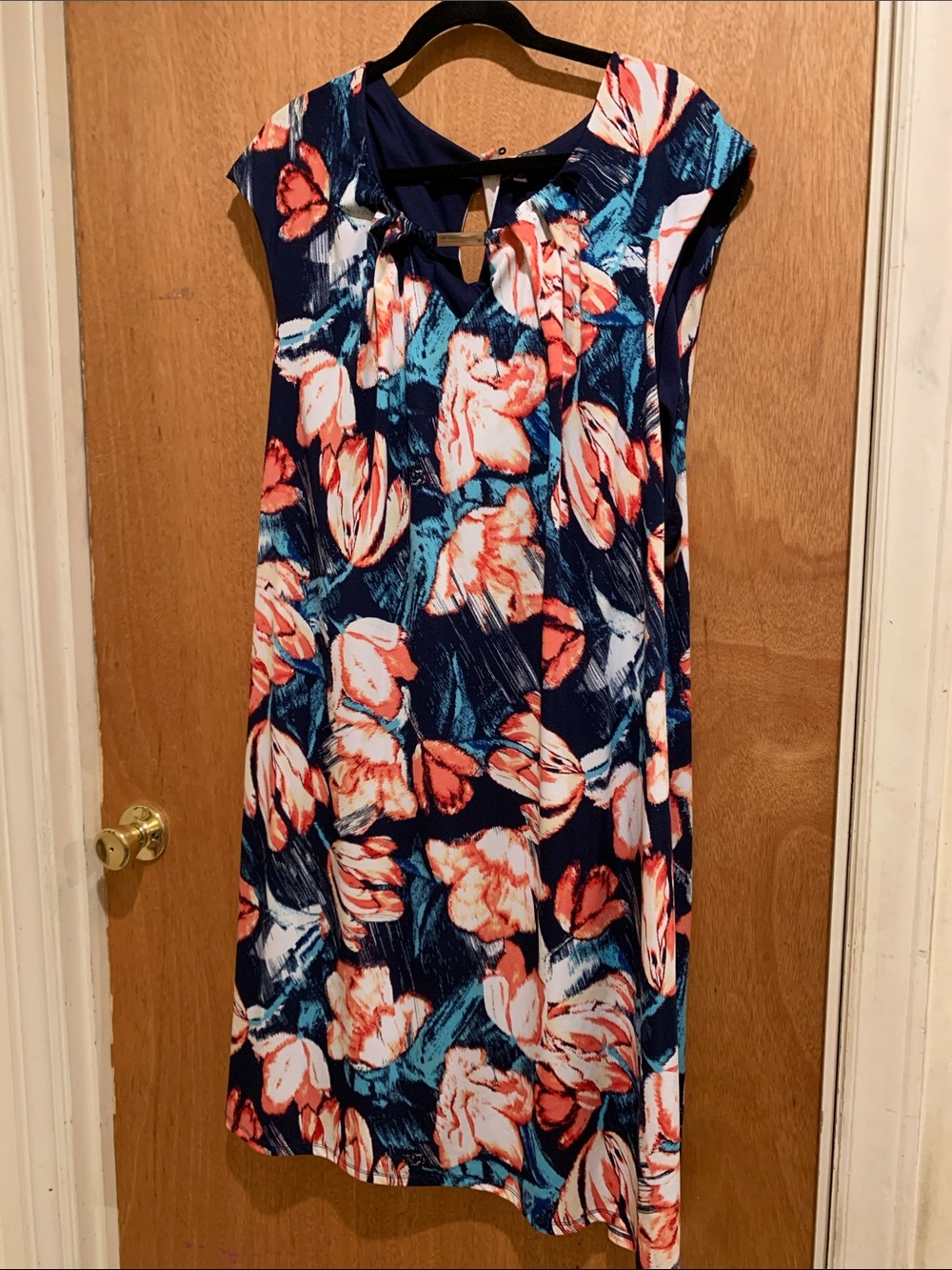 Luxology Navy Floral Midi Dress with Coral & Teal Accents